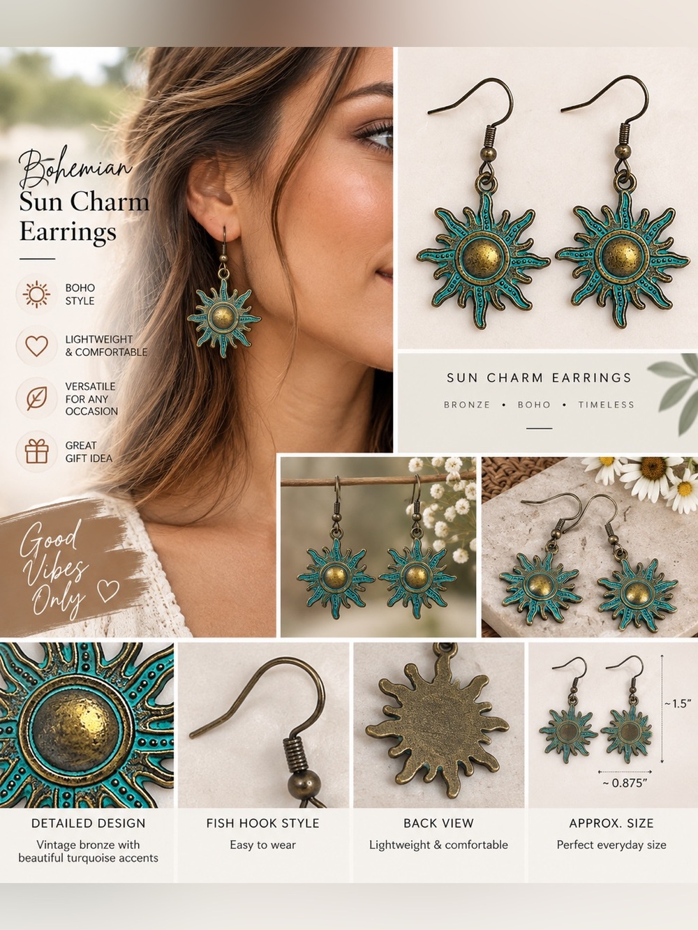 🆕 Bohemian Bronze Sun Charm Fish Hook Drop Dangle Earrings